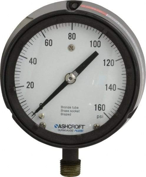 Ashcroft - 4-1/2" Dial, 1/2 Thread, 0-160 Scale Range, Pressure Gauge - Lower Connection, Rear Flange Connection Mount, Accurate to 0.5% of Scale - Industrial Tool & Supply