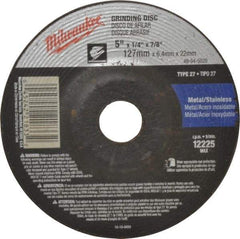 Milwaukee Tool - 24 Grit, 5" Wheel Diam, 1/4" Wheel Thickness, 7/8" Arbor Hole, Type 27 Depressed Center Wheel - Aluminum Oxide, Resinoid Bond, R Hardness, 12,225 Max RPM, Compatible with Angle Grinder - Industrial Tool & Supply