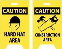NMC - Caution - Hard Hat Area, Caution - Construction Area, 12" Wide x 20" High, Plastic Floor Sign - A-Frame, Black on Yellow, For Accident Prevention - Industrial Tool & Supply