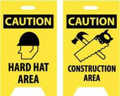 NMC - Caution - Hard Hat Area, Caution - Construction Area, 12" Wide x 20" High, Plastic Floor Sign - A-Frame, Black on Yellow, For Accident Prevention - Industrial Tool & Supply