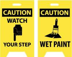 NMC - Caution - Watch Your Step, Caution - Wet Paint, 12" Wide x 20" High, Plastic Floor Sign - A-Frame, Black on Yellow, For Accident Prevention - Industrial Tool & Supply