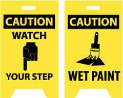 NMC - Caution - Watch Your Step, Caution - Wet Paint, 12" Wide x 20" High, Plastic Floor Sign - A-Frame, Black on Yellow, For Accident Prevention - Industrial Tool & Supply
