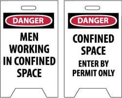 NMC - Danger - Men Working in Confined Area, Danger - Confined Space - Enter by Permit Only, 12" Wide x 19" High, Plastic Floor Sign - A-Frame, Red & Black on White, For Accident Prevention - Industrial Tool & Supply