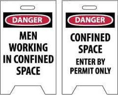 NMC - Danger - Men Working in Confined Area, Danger - Confined Space - Enter by Permit Only, 12" Wide x 19" High, Plastic Floor Sign - A-Frame, Red & Black on White, For Accident Prevention - Industrial Tool & Supply