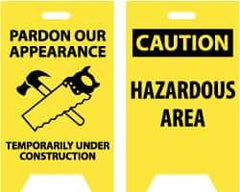 NMC - Pardon Our Appearance - Temporarily Under Construction, 12" Wide x 19" High, Plastic Floor Sign - A-Frame, Black on Yellow, For Accident Prevention - Industrial Tool & Supply
