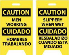 NMC - Caution - Men Working, Caution - Slippery When Wet, 12" Wide x 20" High, Plastic Floor Sign - English/Spanish, A-Frame, Black on Yellow, For Accident Prevention - Industrial Tool & Supply