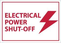 NMC - Accident Prevention Label - Legend: Electrical Power Shut-off, English, Red on White, 5" Long x 3" High, Sign Muscle Finish - Industrial Tool & Supply