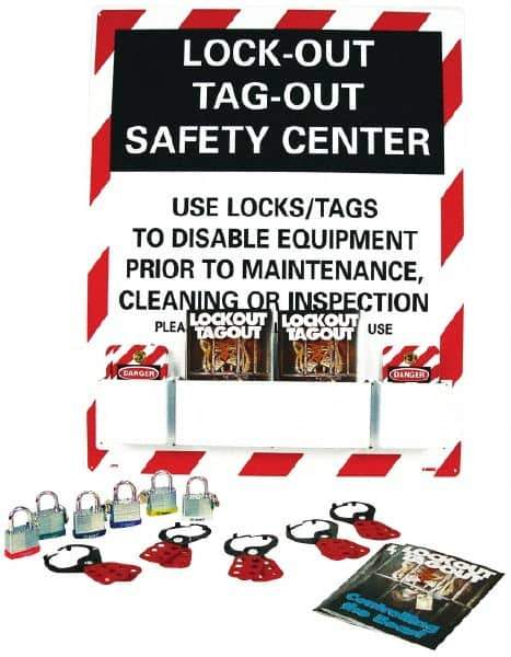 NMC - Equipped Polystyrene Tag and Padlock / Hasp Station - 24 Inch Wide x 30 Inch High, Red, White and White on Black - Industrial Tool & Supply