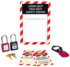 NMC - Equipped Polystyrene Tag and Padlock / Hasp Station - 7 Inch Wide x 10 Inch High, Red, White and White on Black - Industrial Tool & Supply