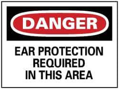 NMC - Accident Prevention Label, Header: DANGER - Legend: Danger - Ear Protection Required, English, Red, Black & White, 5" Long x 3" High, Sign Muscle Finish - Industrial Tool & Supply