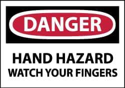 NMC - Hazardous Materials Label, Header: DANGER - Legend: Danger - Hand Hazard - Watch Your Fingers, English, Red, Black & White, 5" Long x 3" High, Sign Muscle Finish - Industrial Tool & Supply
