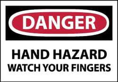 NMC - Hazardous Materials Label, Header: DANGER - Legend: Danger - Hand Hazard - Watch Your Fingers, English, Red, Black & White, 5" Long x 3" High, Sign Muscle Finish - Industrial Tool & Supply