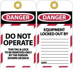 NMC - 3" High x 6" Long, DANGER - DO NOT OPERATE - THIS TAG & LOCK TO BE REMOVED ONLY BY THE PERSON SHOWN ON BACK, English Safety & Facility Lockout Tag - Tag Header: Danger, 2 Sides, Black, Red & White Unrippable Vinyl - Industrial Tool & Supply