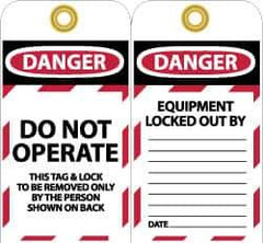 NMC - 3" High x 6" Long, DANGER - DO NOT OPERATE - THIS TAG & LOCK TO BE REMOVED ONLY BY THE PERSON SHOWN ON BACK, English Safety & Facility Lockout Tag - Tag Header: Danger, 2 Sides, Black, Red & White Unrippable Vinyl - Industrial Tool & Supply