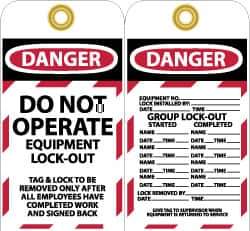 NMC - 3" High x 6" Long, DANGER - DO NOT OPERATE - EQUIPMENT LOCK-OUT, English Safety & Facility Lockout Tag - Tag Header: Danger, 2 Sides, Black, Red & White Unrippable Vinyl - Industrial Tool & Supply