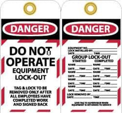NMC - 3" High x 6" Long, DANGER - DO NOT OPERATE - EQUIPMENT LOCK-OUT, English Safety & Facility Lockout Tag - Tag Header: Danger, 2 Sides, Black, Red & White Unrippable Vinyl - Industrial Tool & Supply