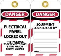 NMC - 3" High x 6" Long, DANGER - ELECTRICAL PANEL LOCKED OUT - THIS TAG & LOCK TO BE REMOVED ONLY BY THE PERSON SHOWN ON BACK, English Safety & Facility Lockout Tag - Tag Header: Danger, 2 Sides, Black, Red & White Unrippable Vinyl - Industrial Tool & Supply