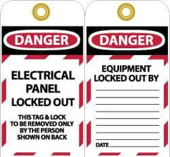 NMC - 3" High x 6" Long, DANGER - ELECTRICAL PANEL LOCKED OUT - THIS TAG & LOCK TO BE REMOVED ONLY BY THE PERSON SHOWN ON BACK, English Safety & Facility Lockout Tag - Tag Header: Danger, 2 Sides, Black, Red & White Unrippable Vinyl - Industrial Tool & Supply