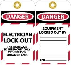 NMC - 3" High x 6" Long, DANGER - ELECTRICIAN LOCK-OUT - THIS TAG & LOCK TO BE REMOVED ONLY BY THE PERSON SHOWN ON BACK, English Safety & Facility Lockout Tag - Tag Header: Danger, 2 Sides, Black, Red & White Unrippable Vinyl - Industrial Tool & Supply