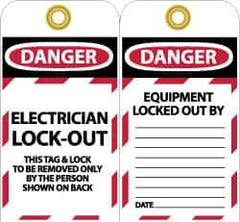 NMC - 3" High x 6" Long, DANGER - ELECTRICIAN LOCK-OUT - THIS TAG & LOCK TO BE REMOVED ONLY BY THE PERSON SHOWN ON BACK, English Safety & Facility Lockout Tag - Tag Header: Danger, 2 Sides, Black, Red & White Unrippable Vinyl - Industrial Tool & Supply