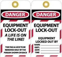NMC - 3" High x 6" Long, DANGER - EQUIPMENT LOCK-OUT - A LIFE IS ON THE LINE! THIS TAG & LOCK TO BE REMOVED ONLY BY THE PERSON SHOWN ON BACK, English Safety & Facility Lockout Tag - Tag Header: Danger, 2 Sides, Black, Red & White Unrippable Vinyl - Industrial Tool & Supply
