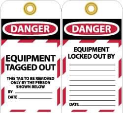 NMC - 3" High x 6" Long, DANGER - EQUIPMENT TAGGED OUT - THIS TAG TO BE REMOVED ONLY BY THE PERSON SHOWN BELOW, English Safety & Facility Lockout Tag - Tag Header: Danger, 2 Sides, Black, Red & White Unrippable Vinyl - Industrial Tool & Supply