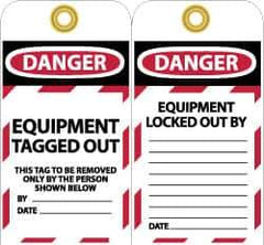NMC - 3" High x 6" Long, DANGER - EQUIPMENT TAGGED OUT - THIS TAG TO BE REMOVED ONLY BY THE PERSON SHOWN BELOW, English Safety & Facility Lockout Tag - Tag Header: Danger, 2 Sides, Black, Red & White Unrippable Vinyl - Industrial Tool & Supply