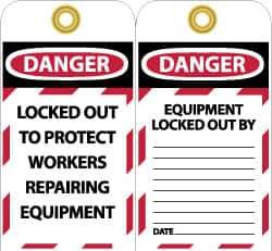 NMC - 3" High x 6" Long, DANGER - LOCKED OUT TO PROTECT WORKERS REPAIRING EQUIPMENT, English Safety & Facility Lockout Tag - Tag Header: Danger, 2 Sides, Black, Red & White Unrippable Vinyl - Industrial Tool & Supply