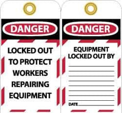 NMC - 3" High x 6" Long, DANGER - LOCKED OUT TO PROTECT WORKERS REPAIRING EQUIPMENT, English Safety & Facility Lockout Tag - Tag Header: Danger, 2 Sides, Black, Red & White Unrippable Vinyl - Industrial Tool & Supply