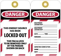 NMC - 3" High x 6" Long, DANGER - THIS ENERGY SOURCE HAS BEEN LOCKED OUT - THIS TAB & LOCK TO BE REMOVED ONLY BY THE PERSON SHOWN ON BACK, English Safety & Facility Lockout Tag - Tag Header: Danger, 2 Sides, Black, Red & White Unrippable Vinyl - Industrial Tool & Supply