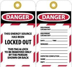 NMC - 3" High x 6" Long, DANGER - THIS ENERGY SOURCE HAS BEEN LOCKED OUT - THIS TAB & LOCK TO BE REMOVED ONLY BY THE PERSON SHOWN ON BACK, English Safety & Facility Lockout Tag - Tag Header: Danger, 2 Sides, Black, Red & White Unrippable Vinyl - Industrial Tool & Supply