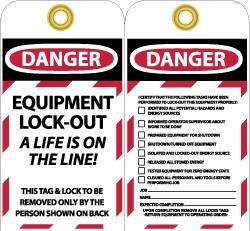 NMC - 3" High x 6" Long, DANGER - EQUIPMENT LOCK-OUT - A LIFE IS ON THE LINE! THIS TAG & LOCK TO BE REMOVED ONLY BY THE PERSON SHOWN ON BACK, English Safety & Facility Lockout Tag - Tag Header: Danger, 2 Sides, Black, Red & White Unrippable Vinyl - Industrial Tool & Supply