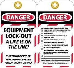 NMC - 3" High x 6" Long, DANGER - EQUIPMENT LOCK-OUT - A LIFE IS ON THE LINE! THIS TAG & LOCK TO BE REMOVED ONLY BY THE PERSON SHOWN ON BACK, English Safety & Facility Lockout Tag - Tag Header: Danger, 2 Sides, Black, Red & White Unrippable Vinyl - Industrial Tool & Supply