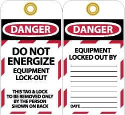 NMC - 3" High x 6" Long, DANGER - DO NOT ENERGIZE - EQUIPMENT LOCK-OUT - THIS TAG & LOCK TO BE REMOVED ONLY BY THE PERSON SHOWN ON BACK, English Safety & Facility Lockout Tag - Tag Header: Danger, 2 Sides, Black, Red & White Unrippable Vinyl - Industrial Tool & Supply