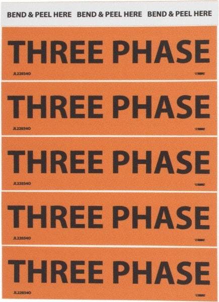 NMC - Electrical Markers Label - Legend: Three Phase, English, Black & Orange, 4-1/2" Long x 1-1/8" High, Sign Muscle Finish - Industrial Tool & Supply