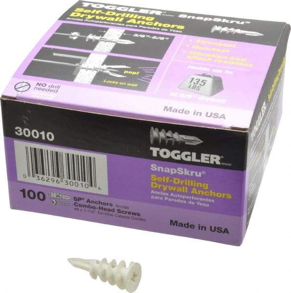 Toggler - #6 to 10 Screw, 5/16" Diam, 1-5/8" Long, 3/8 to 5/8" Thick, Self Drilling Drywall & Hollow Wall Anchor - Thermoplastic Alloy, Use in Drywall - Industrial Tool & Supply