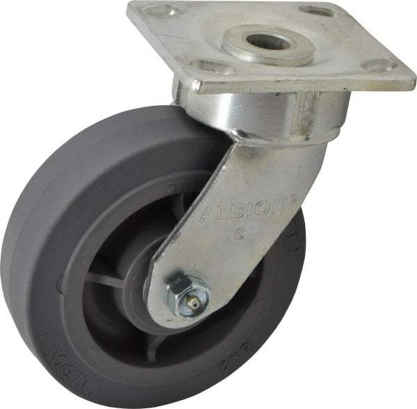 Albion - 6" Diam x 2" Wide x 7-1/2" OAH Top Plate Mount Swivel Caster - Soft Rubber, 600 Lb Capacity, Roller Bearing, 4 x 4-1/2" Plate - Industrial Tool & Supply