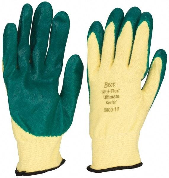 SHOWA - Size XL (10), ANSI Cut Lvl 3, Puncture Lvl 3, Abrasion Lvl 4, Nitrile Coated Cut & Puncture Resistant Gloves - Palm & Fingers Coated, Kevlar/Lycra Lining, Knit Wrist, Green/Yellow, Paired - Industrial Tool & Supply