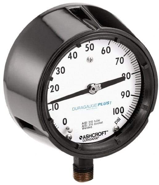 Ashcroft - 4-1/2" Dial, 1/2 Thread, 0-300 Scale Range, Pressure Gauge - Lower Connection, Rear Flange Connection Mount, Accurate to 0.5% of Scale - Industrial Tool & Supply