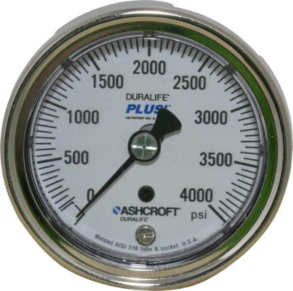 Ashcroft - 2-1/2" Dial, 1/4 Thread, 0-4,000 Scale Range, Pressure Gauge - Center Back Connection Mount, Accurate to 1% of Scale - Industrial Tool & Supply