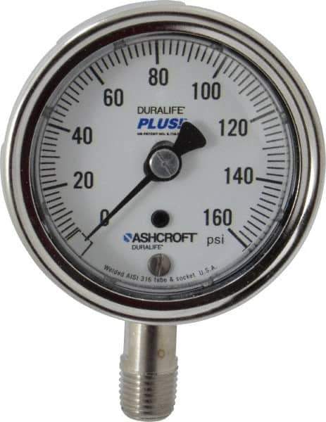 Ashcroft - 2-1/2" Dial, 1/4 Thread, 0-160 Scale Range, Pressure Gauge - Lower Connection Mount, Accurate to 1% of Scale - Industrial Tool & Supply