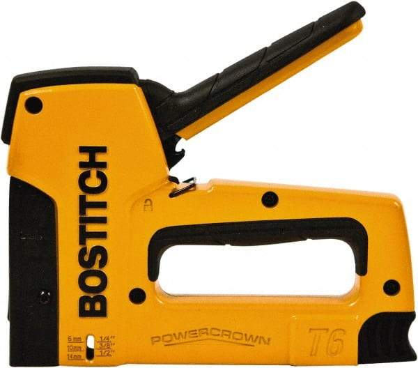 Stanley Bostitch - Manual Staple Gun - 1/4, 5/16, 3/8, 1/2, 9/16" Staples, 84 Lb Capacity, Yellow, Aluminum Die Cast - Industrial Tool & Supply