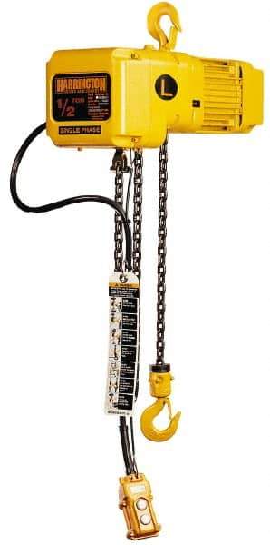 Harrington Hoist - 1 Ton Capacity, 14 FPM Lift Speed, Hook Mounted Hoist - 20' Max Lift, 17.3" Min Headroom, 1 Chain - Industrial Tool & Supply