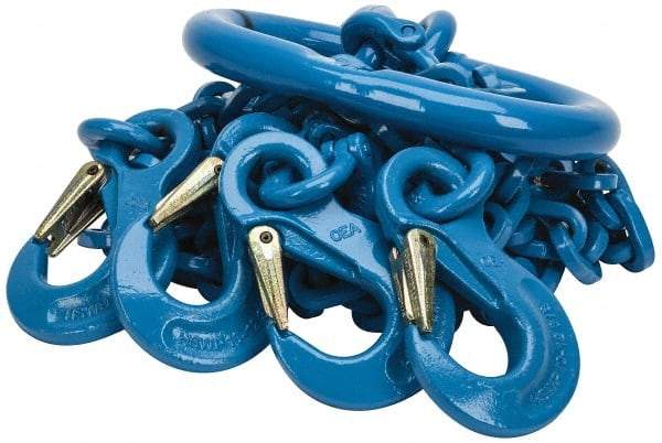 Pewag - 5' Long, 27,500 Lb Basket Capacity, 10,600 Lb Vertical Capacity, 4 Ply, Alloy Steel Web Sling - 10,600 Lb Choker Capacity, QOS Chain Sling, 3/8" Diam Chain, Blue, with 4 Sling Hooks & Master Link - Industrial Tool & Supply