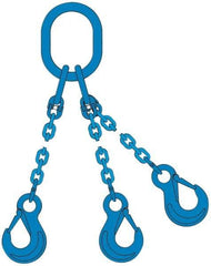 Pewag - 5' Long, 27,500 Lb Basket Capacity, 10,600 Lb Vertical Capacity, 3 Ply, Alloy Steel Web Sling - 10,600 Lb Choker Capacity, TOS Chain Sling, 3/8" Diam Chain, Blue, with 3 Sling Hooks & Master Link - Industrial Tool & Supply