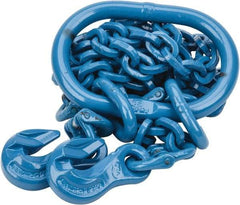 Pewag - 5' Long, 9,000 Lb Basket Capacity, 9,000 Lb Vertical Capacity, 2 Ply, Alloy Steel Web Sling - 4,500 Lb Choker Capacity, DOG Chain Sling, 9/32" Diam Chain, Blue, with 2 Grab Hooks & Master Link - Industrial Tool & Supply