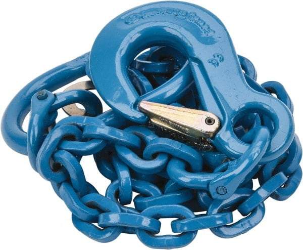 Pewag - 5' Long, 5,200 Lb Basket Capacity, 5,200 Lb Vertical Capacity, 1 Ply, Alloy Steel Web Sling - 4,500 Lb Choker Capacity, SOS Chain Sling, 9/32" Diam Chain, Blue, with Sling Hook & Master Link - Industrial Tool & Supply