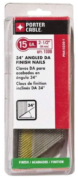 Porter-Cable - 15 Gauge 2-1/2" Long Finishing Nails for Power Nailers - Grade 2 Steel, Bright Finish, Angled Stick Collation, Chisel Point - Industrial Tool & Supply