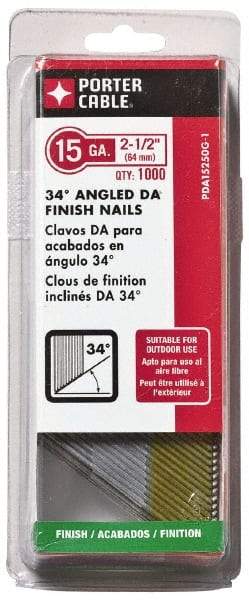 Porter-Cable - 15 Gauge 2-1/2" Long Finishing Nails for Power Nailers - Grade 2 Steel, Galvanized Finish, Angled Stick Collation, Chisel Point - Industrial Tool & Supply