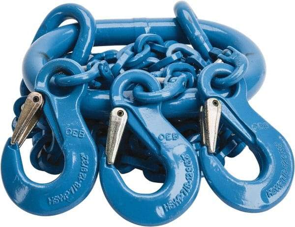 Pewag - 5' Long, 13,500 Lb Basket Capacity, 13,500 Lb Vertical Capacity, 3 Ply, Alloy Steel Web Sling - 4,500 Lb Choker Capacity, TOS Chain Sling, 9/32" Diam Chain, Blue, with 3 Sling Hooks & Master Link - Industrial Tool & Supply